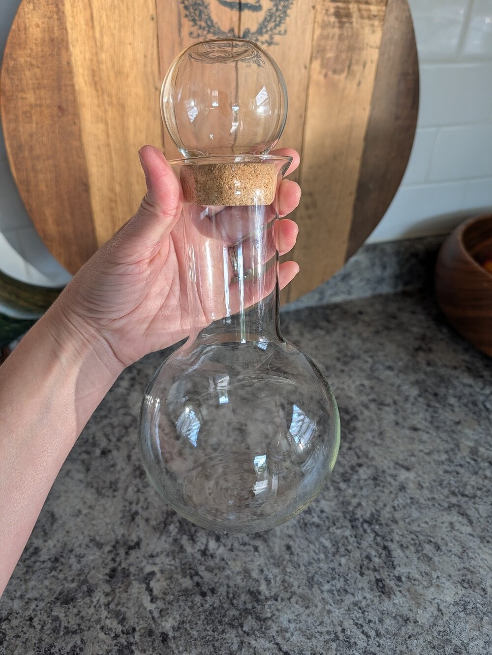 Vintage 1980s Scandinavian Modern Style Glass Beaker Shaped Decanter Cork Top